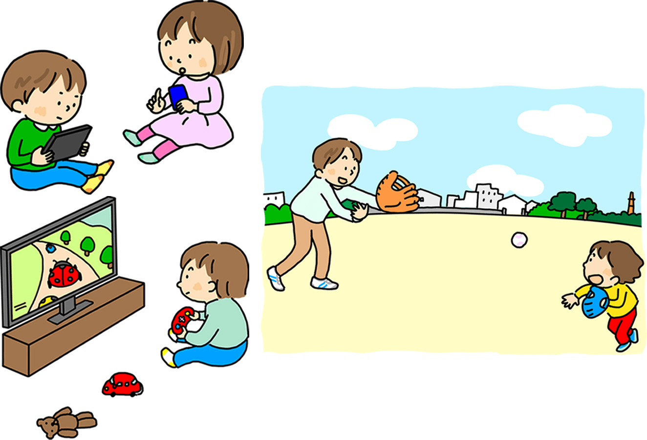子どもがいろいろな遊びをしているイラスト